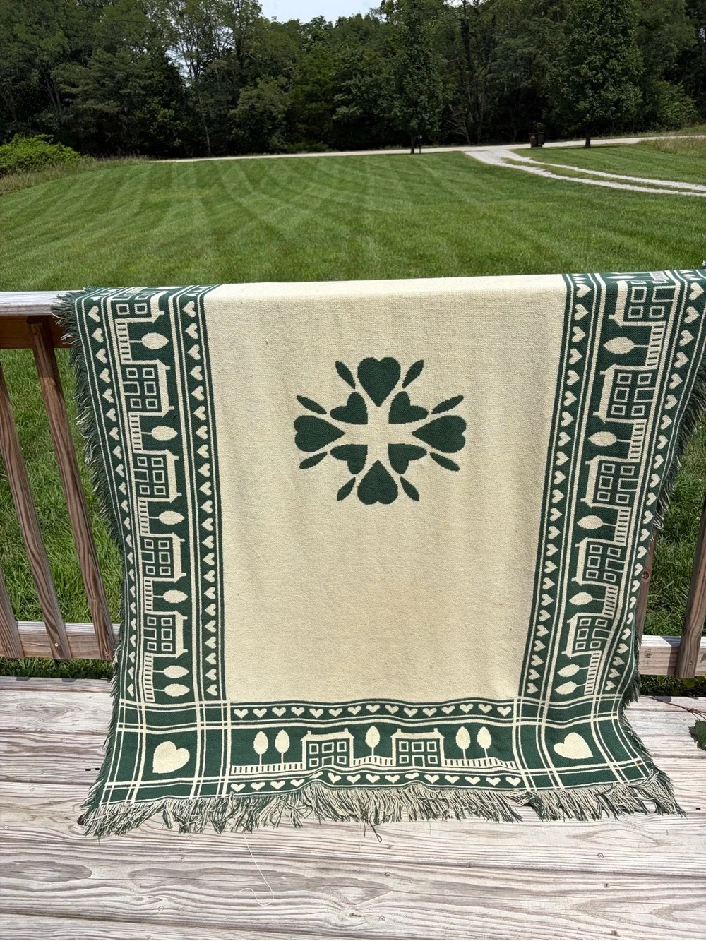 Vintage Green Cream Woven Throw Blanket Cottage Houses Hearts Fringe Farmhouse